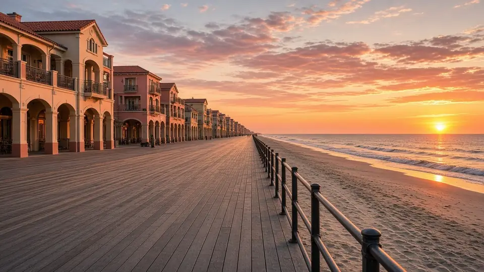 Resort boardwalk at sunset, illustrating the Ocean City, MD service area