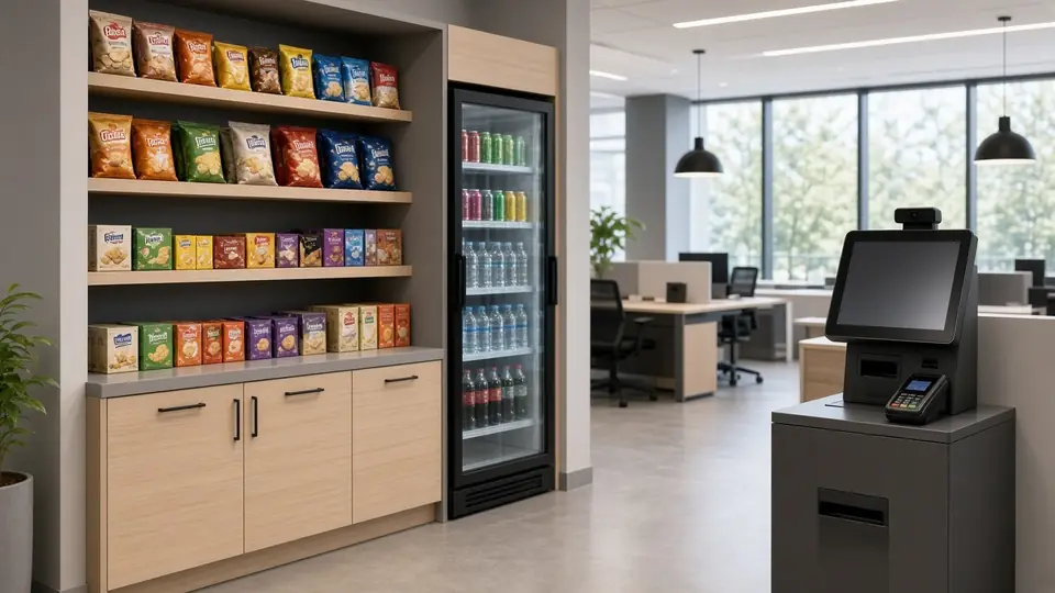 Office micro market with snack shelves, a beverage cooler and a self-checkout kiosk in a Delaware workplace