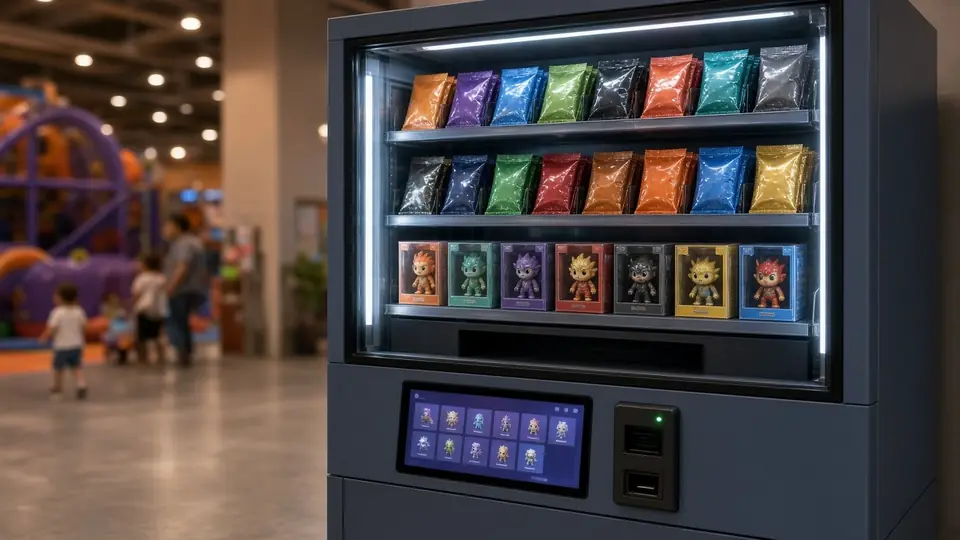 Retail and collectible vending machine with sealed trading card packs and boxed collectible figures