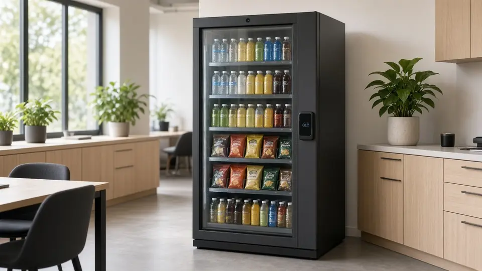 AI smart vending cooler with drinks and snacks in a modern Delaware office breakroom